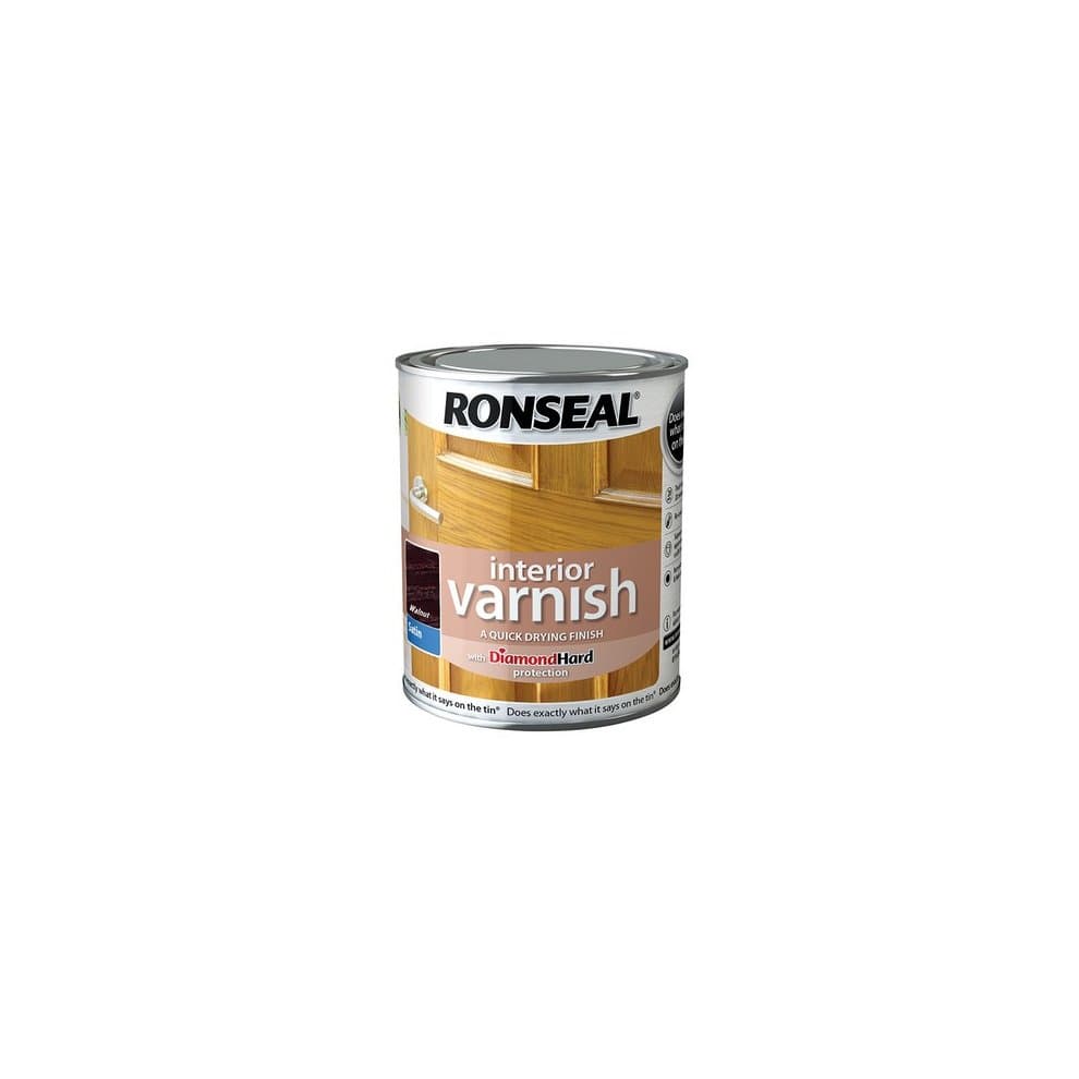 Ronseal 36829 Interior Varnish in a 250ml can, featuring a satin finish in walnut color, labeled as quick-dry and DiamondHard for durability.