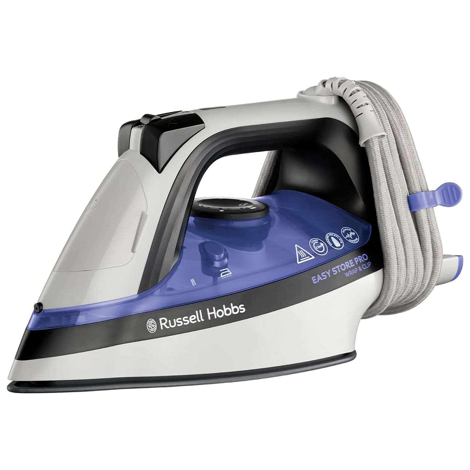 Russell Hobbs 26730 Easy Store Pro steam iron in white and blue, featuring a sleek design, a retractable cord, and easy-to-use control buttons for steam settings.
