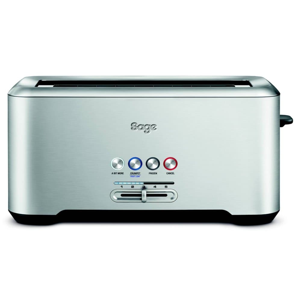 Sage BTA730UK toaster in brushed stainless steel with four slots, illuminated buttons for defrost, reheat, and cancel functions, and a sleek, modern design.