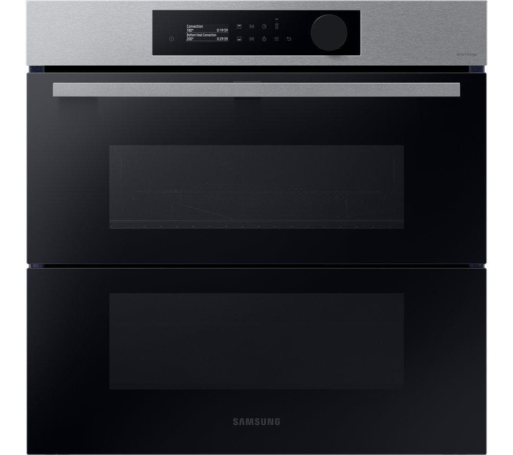 Samsung Single Oven Series 5 in stainless steel features a sleek dual cook design, 76L capacity, and a modern control panel with a circular knob and digital display.
