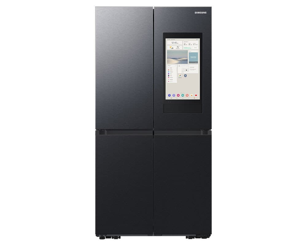 Samsung Bespoke AI 4 Door French Refrigerator in sleek black finish, featuring a Family Hub touchscreen interface, four spacious compartments, and a modern stainless steel design.