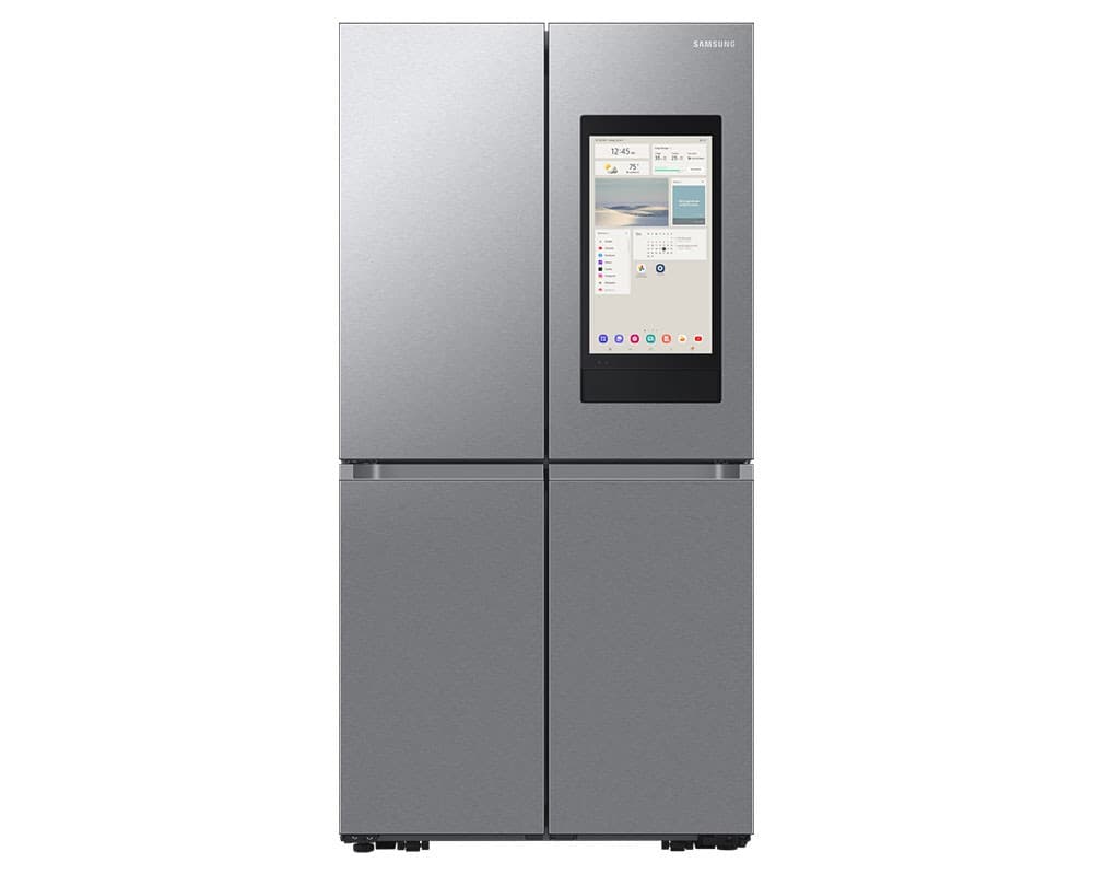 Samsung Bespoke AI 4 Door French Door Refrigerator in silver, featuring a sleek stainless steel finish, a digital Family Hub touchscreen, and a spacious 636L capacity.