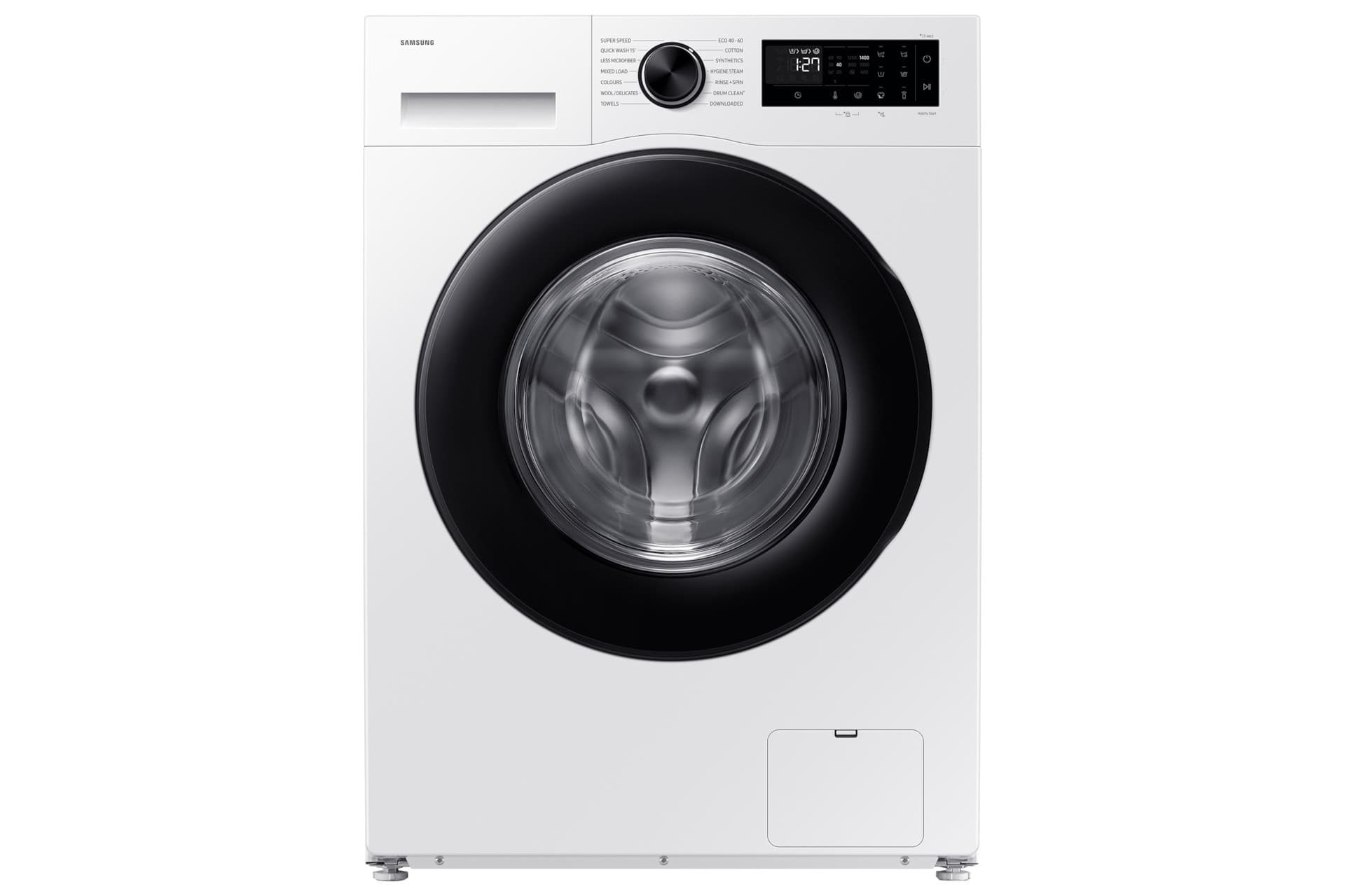 Samsung Front-Load Washing Machine Series 5 in white, featuring a large glass door, digital display, and controls, with a capacity of 10 kg and AI energy efficiency.