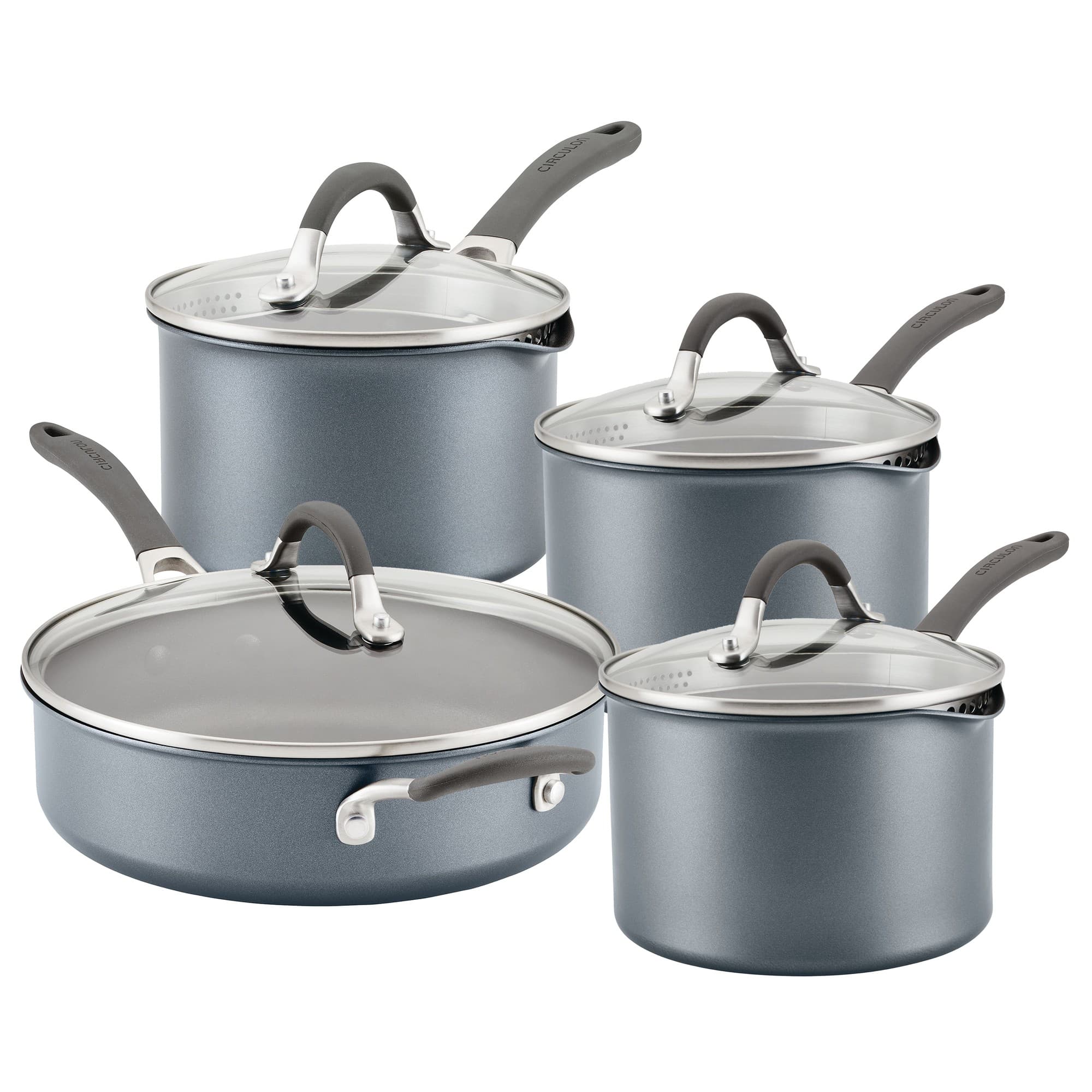 Four-piece cookware set in a sleek gray finish, featuring a non-stick sauté pan and straining saucepans with glass lids and ergonomic handles for easy handling.
