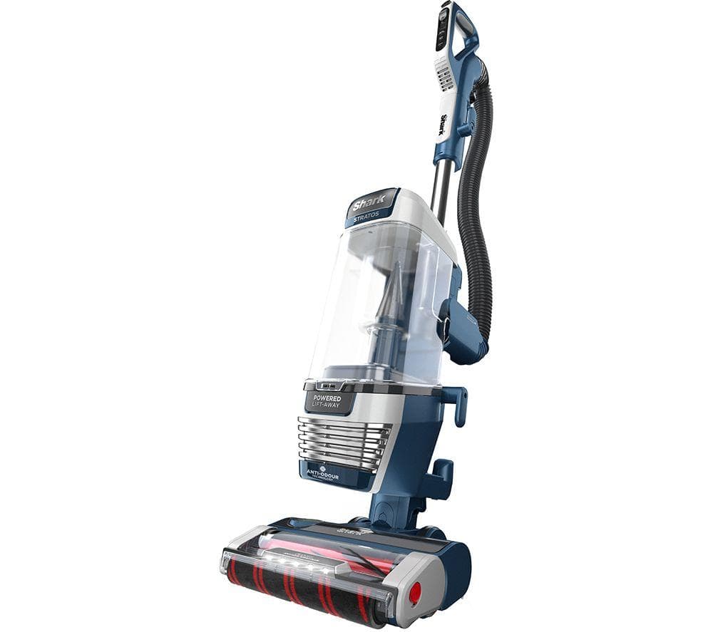 Shark AZ3000UKT Stratos XL vacuum in blue and silver, featuring a transparent dust canister, anti-hair wrap technology, and a red brush roll for effective cleaning.