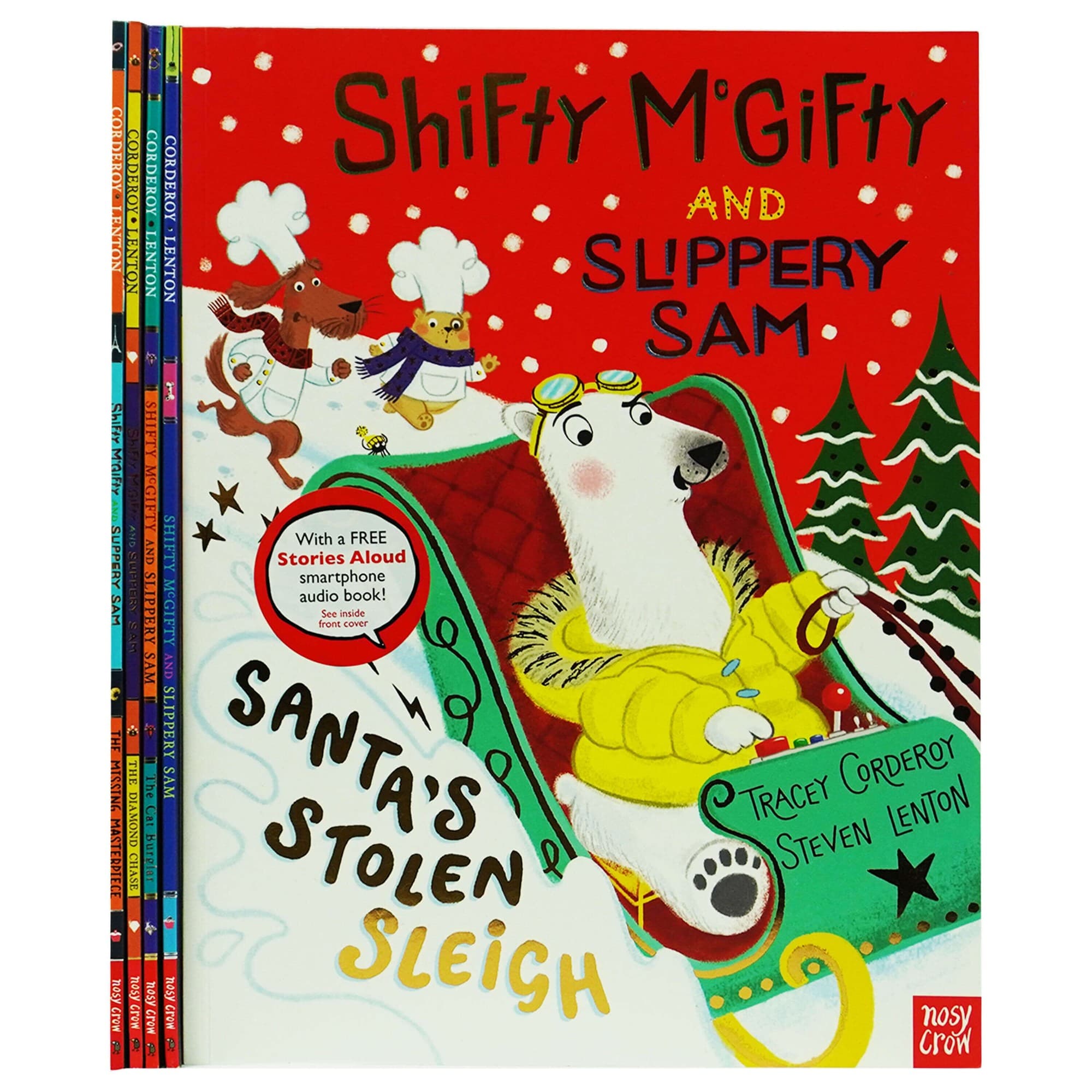 Collection of five colorful children's books featuring "Shifty McGifty and Slippery Sam," with vibrant illustrations, a snowy background, and a prominent title on the cover.