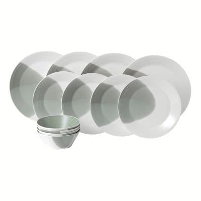 Elegant 12-piece dinner set featuring white porcelain plates and bowls with a subtle green rim, showcasing a modern and sophisticated design perfect for any dining occasion.