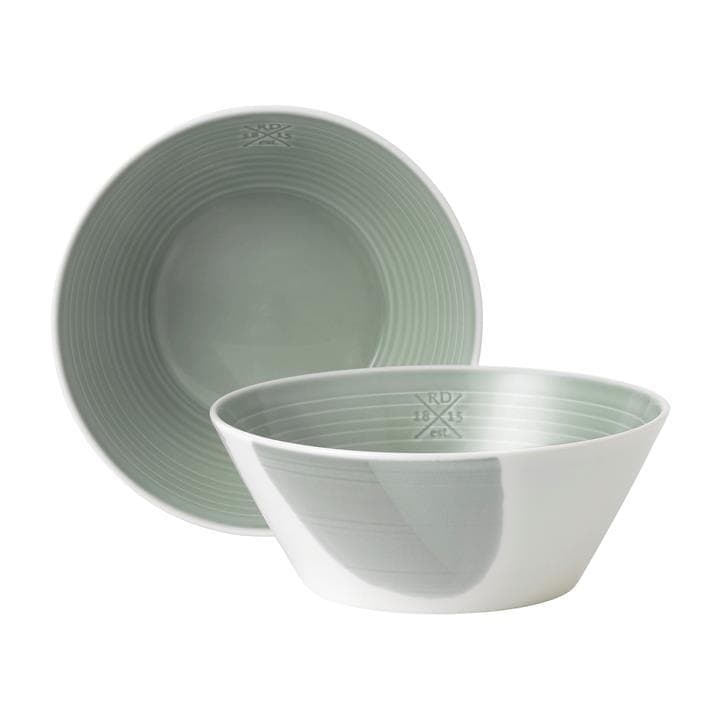 Two Royal Doulton Signature 1815 cereal bowls, featuring a soft green interior with subtle ribbed texture and a smooth white exterior, elegantly designed for stylish dining.