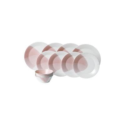 Twelve-piece dinnerware set by Royal Doulton featuring a soft pink and white design, including plates and bowls, crafted from durable porcelain.