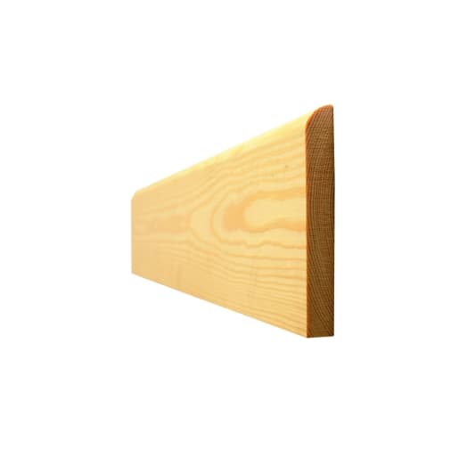 Timber skirting board with a bullnosed edge, finished in a light natural wood color, measuring 19mm x 100mm with a finished size of 14.5mm x 94mm.