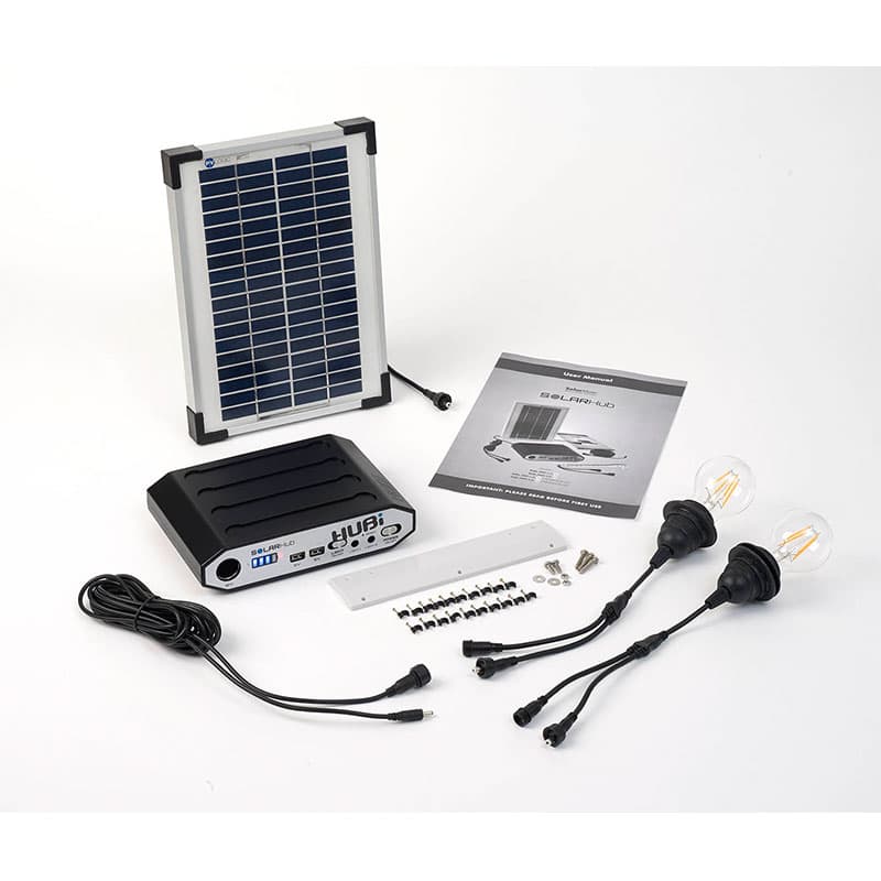 Solartech Premium Garden Building Solar Lighting & Charging Kit includes a solar panel, a control unit, two vintage-style bulbs, cables, and installation instructions, all in sleek black and silver.
