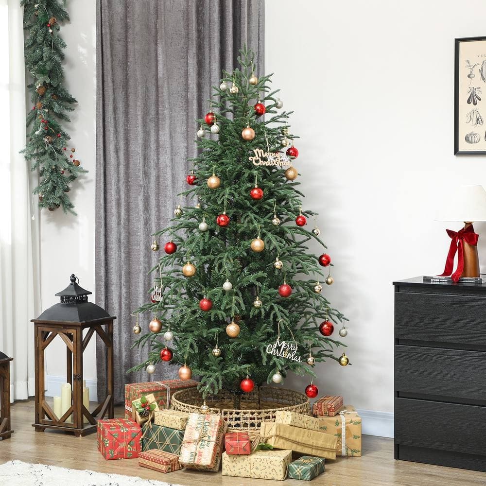 7ft HOMCOM full Christmas tree with realistic green spruce tips, adorned with red and gold ornaments, placed in a woven basket, surrounded by wrapped gifts.
