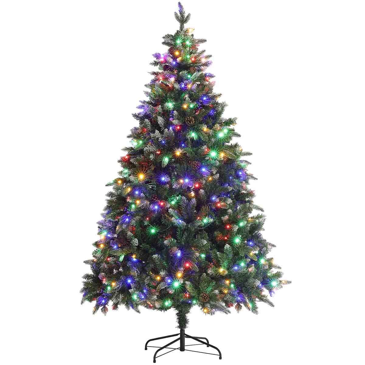 6ft green artificial Christmas tree with realistic hinged branches, adorned with multicolored prelit LED lights, and supported by a black metal stand.