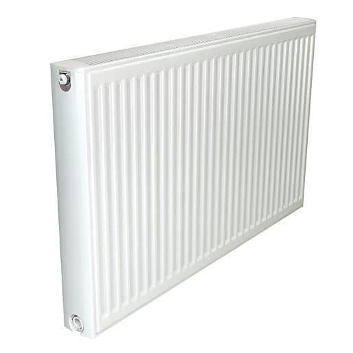 White Stelrad Softline Compact K1 single panel radiator, measuring 300mm x 500mm, featuring a sleek, ribbed design and rounded edges for a modern aesthetic.