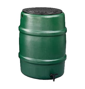 Green 114L water butt barrel made of durable plastic, featuring a textured lid and a tap at the bottom for easy water access.