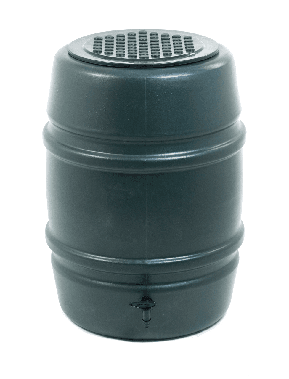 Green plastic 227L water butt barrel with a textured lid featuring a mesh design, a spigot at the bottom, and a smooth cylindrical body.