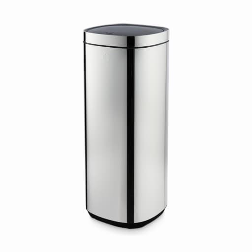 Swan 50L Touch Bin in sleek stainless steel with a black touch-top lid, featuring a modern cylindrical design and a polished finish for a contemporary look.
