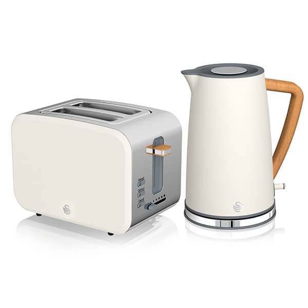 White cordless kettle and two-slice toaster from Swan's Nordic collection, featuring a sleek design with wooden accents and a 1.7-litre capacity kettle.