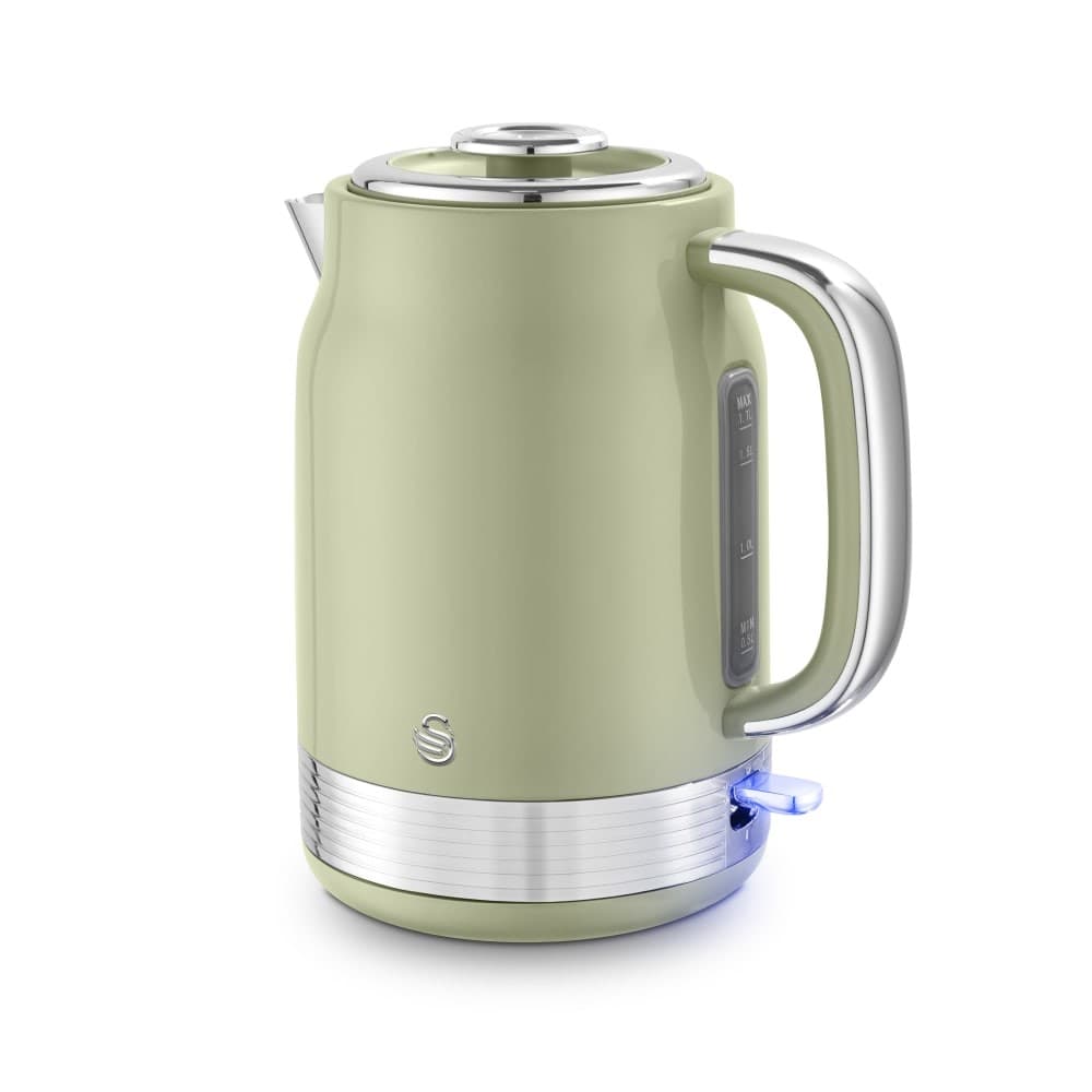 Swan Retro 1.7L Jug Kettle in soft green with a stainless steel base, a clear water level indicator, and a blue LED light at the base.