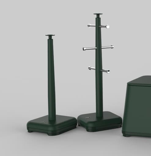 Green mug tree and towel pole set with a sleek, modern design, featuring a sturdy base and chrome accents for hanging mugs and towels.