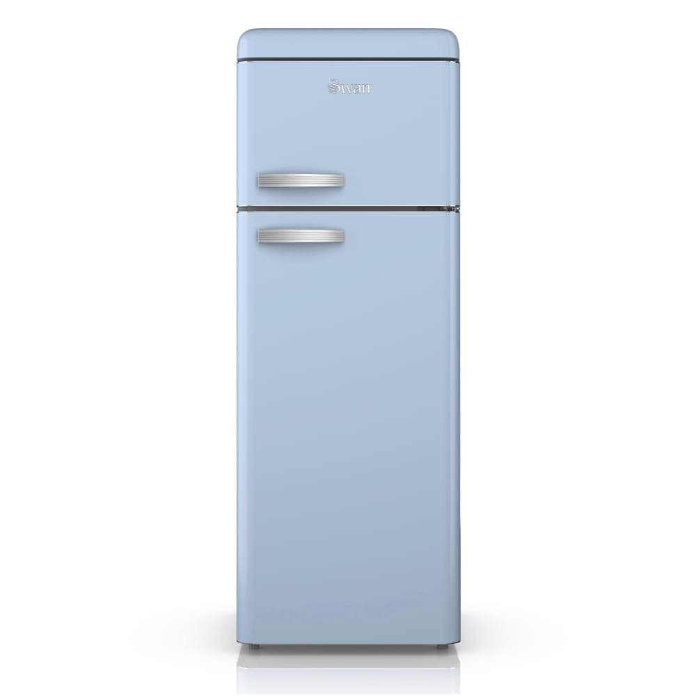 Retro-style top-mounted fridge freezer in pastel blue, featuring a shiny silver handle, two compartments, and a classic design with rounded edges.