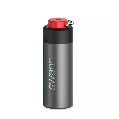 Swann Active Response Personal Safety Alarm in grey with a red top, featuring a keyring attachment for easy carrying and a sleek, cylindrical design.