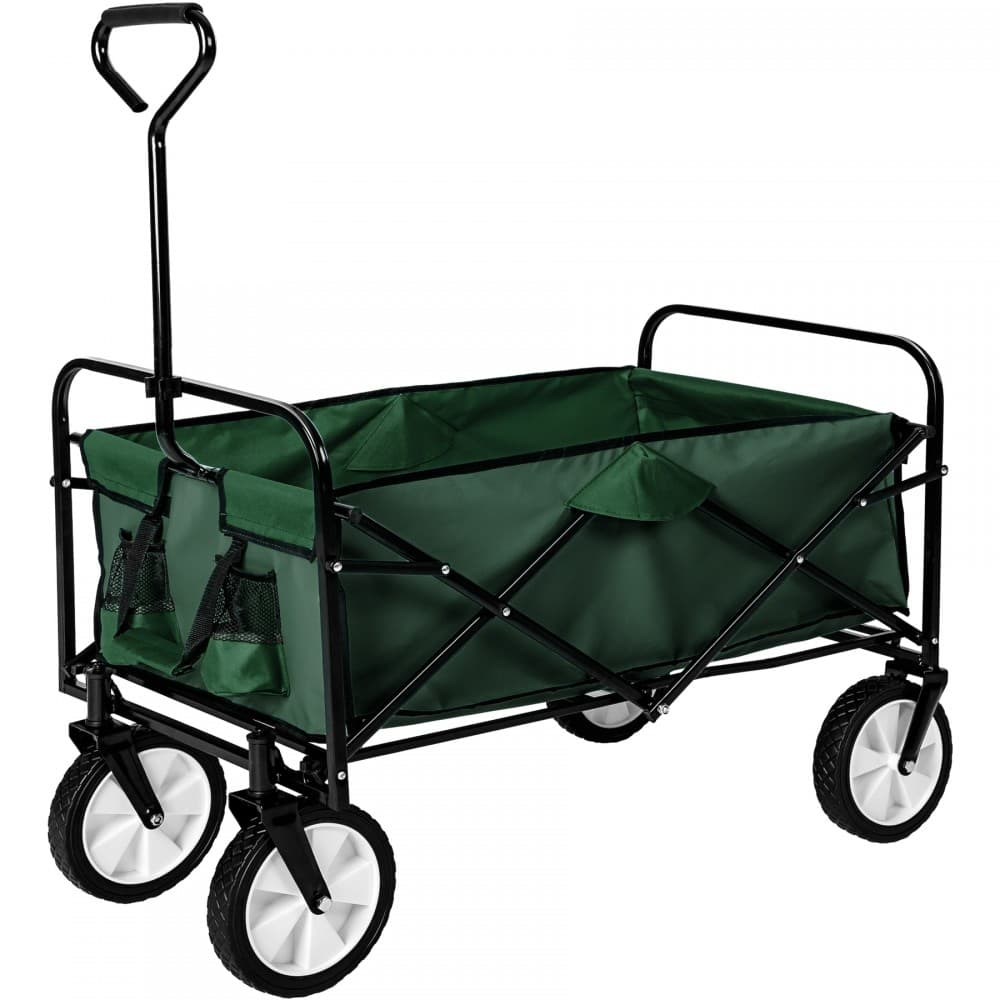 Foldable garden trolley in green fabric with a black metal frame, featuring a sturdy handle, two mesh pockets, and four white wheels, capable of carrying up to 80kg.