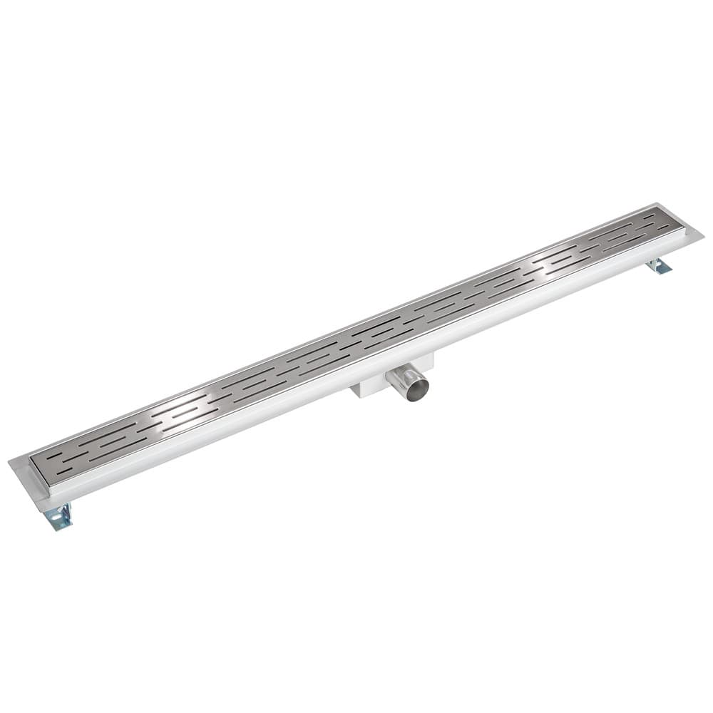 Stainless steel channel drain in grey, measuring 100 cm, featuring a slotted design for efficient water drainage and a central outlet for easy installation.