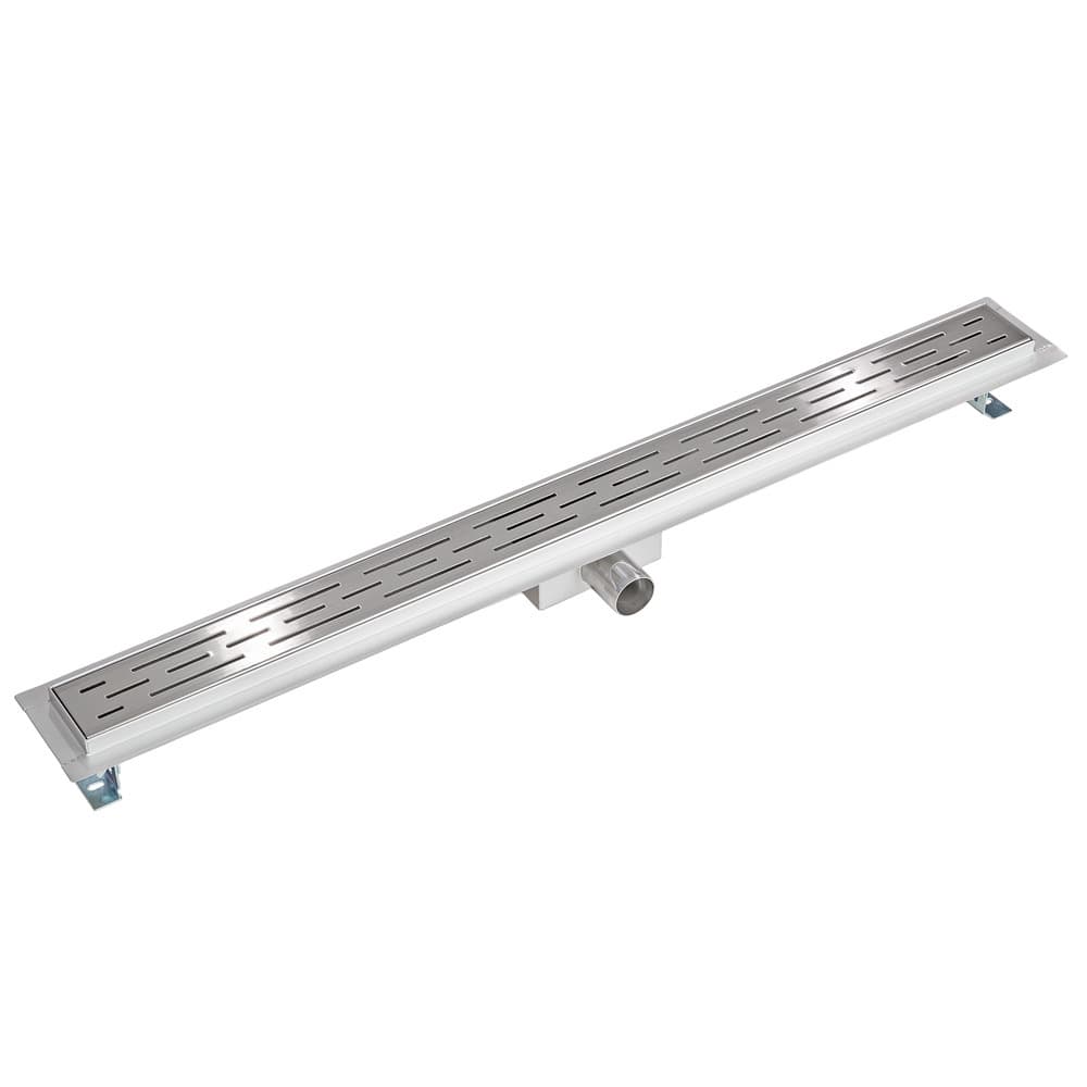 Stainless steel channel drain in grey, measuring 90cm, featuring a slotted design for efficient water flow and a central outlet for drainage.