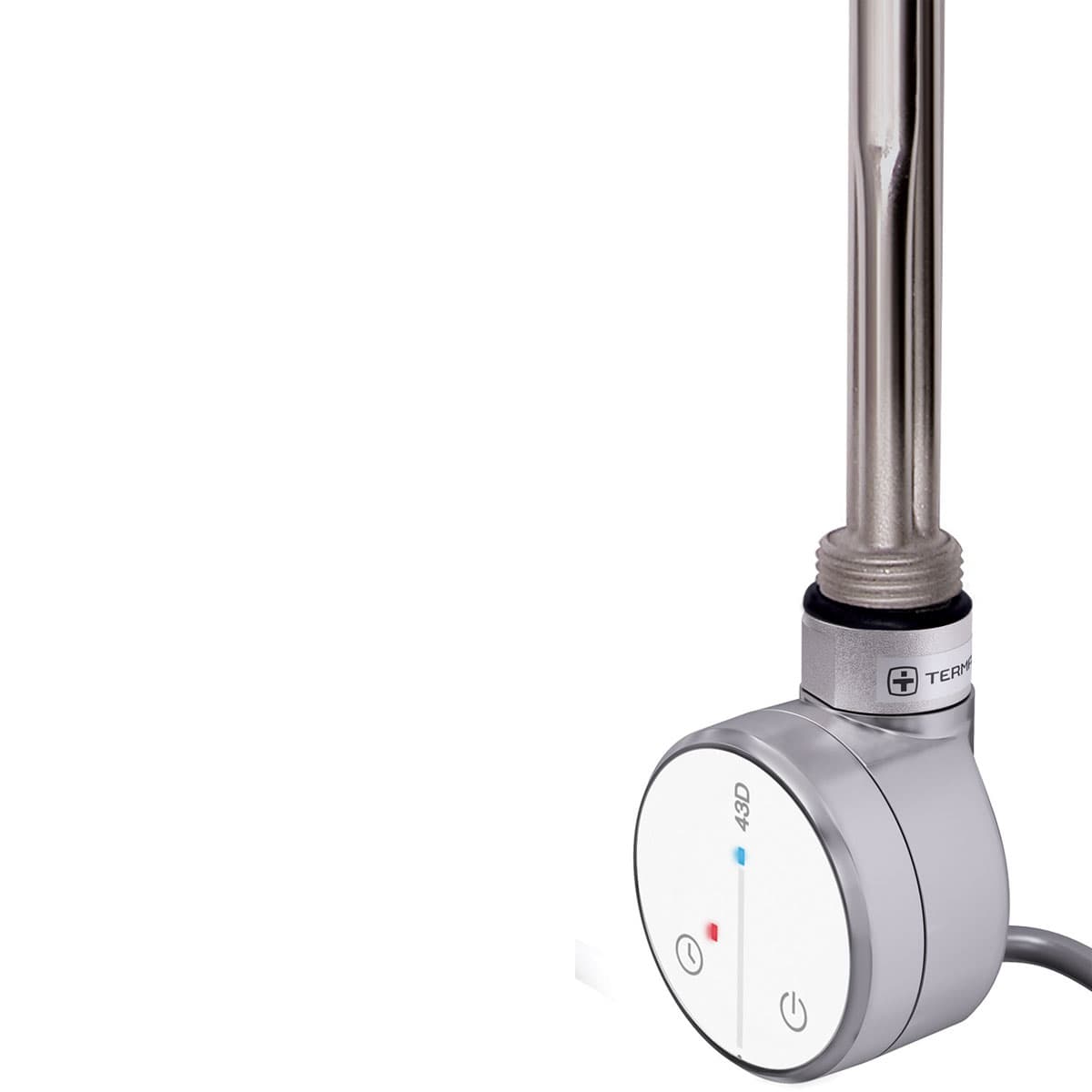 Silver Terma 43D fixed temperature heating element with a sleek design, featuring a round control unit and a visible power indicator light, mounted on a metallic tube.