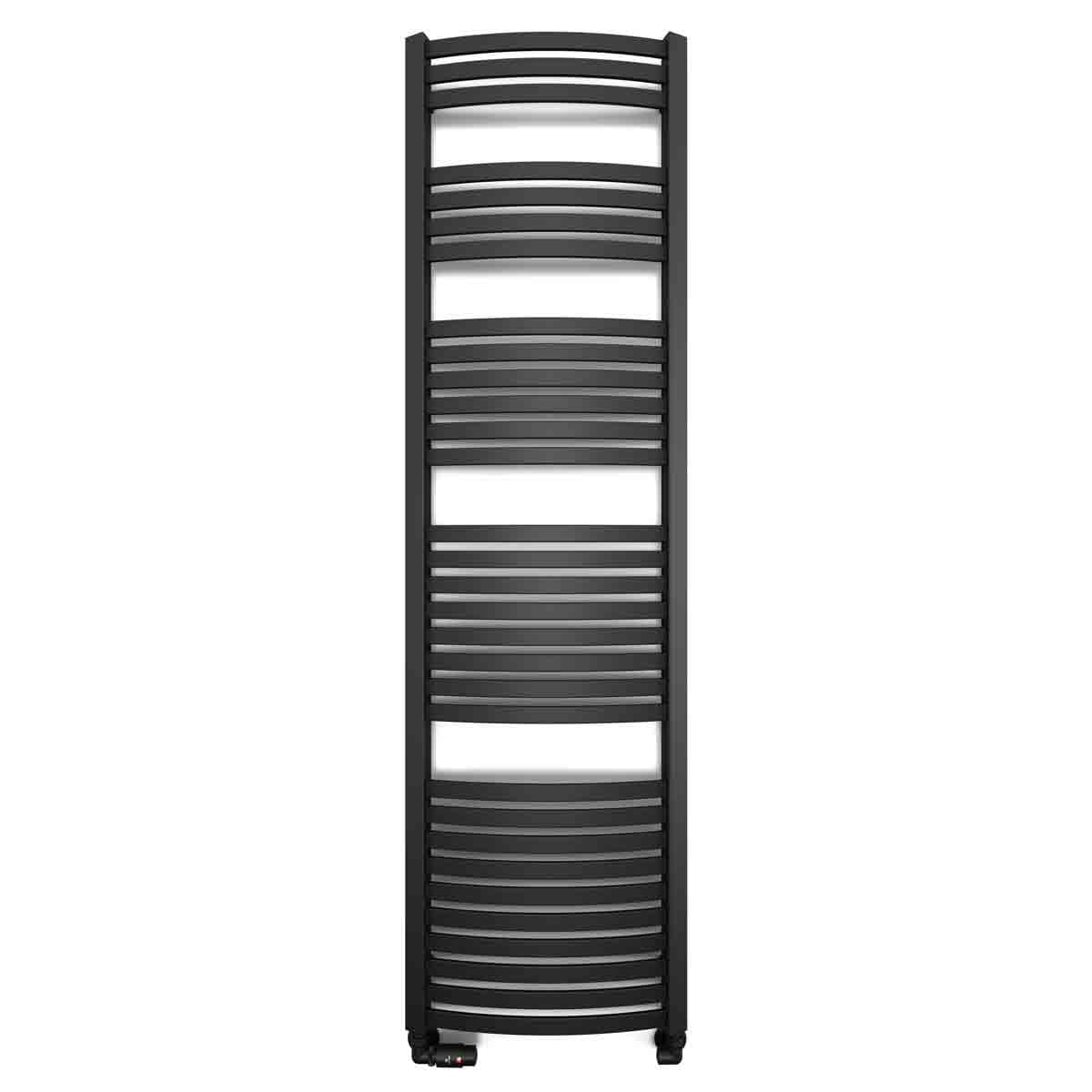 Terma Dexter heated towel rail in matte black, featuring a sleek, modern design with horizontal bars for hanging towels, measuring 1760mm in height and 500mm in width.