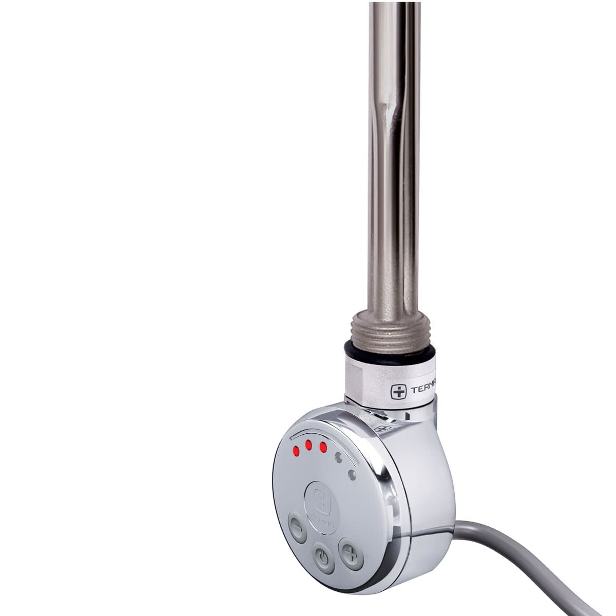 Fully thermostatic chrome heating element with a sleek design, featuring a control unit with three buttons and indicator lights, designed for efficient heating at 300w.