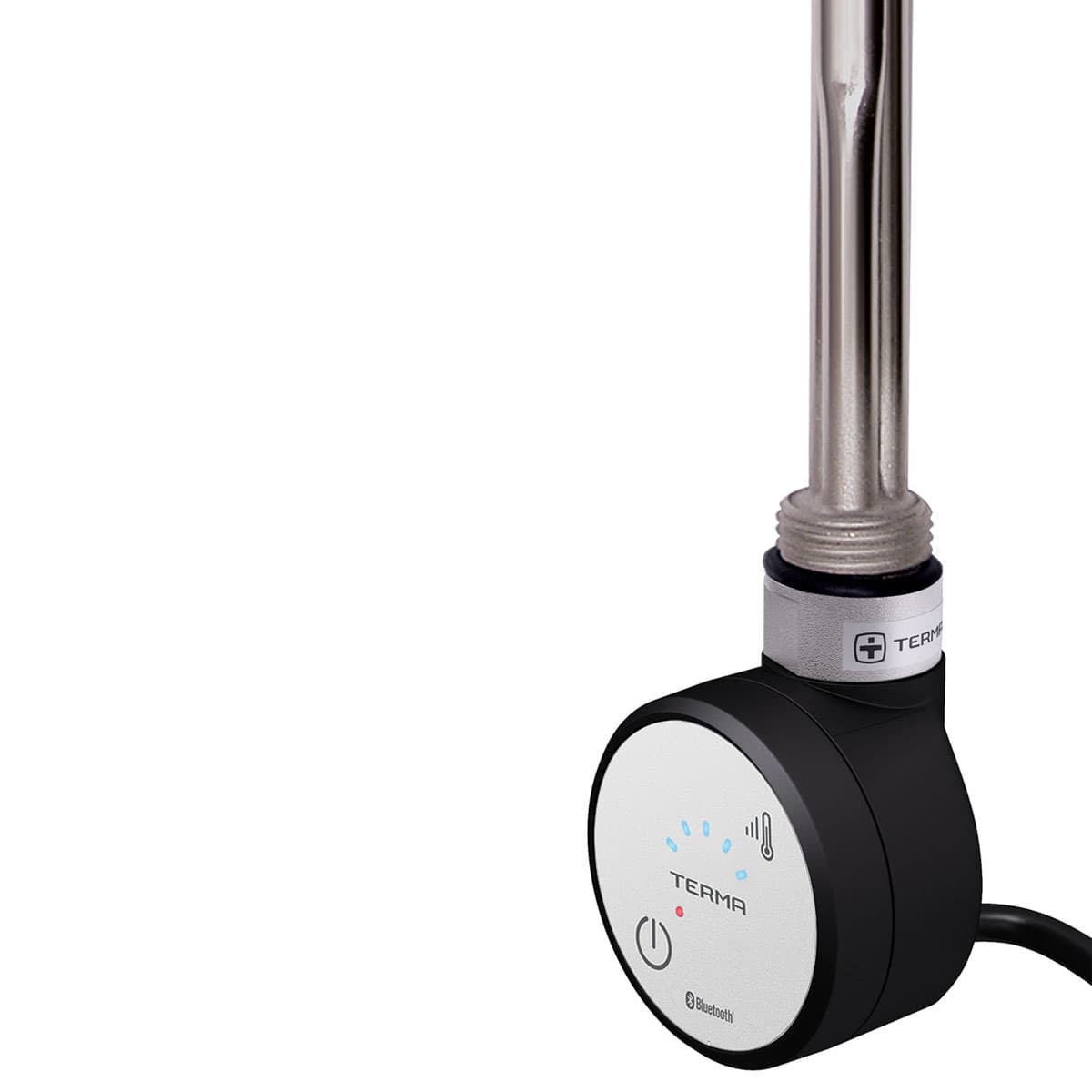 Black Terma MOA Bluetooth thermostatic heating element with a sleek design, featuring a circular control panel and a silver metallic heating rod.