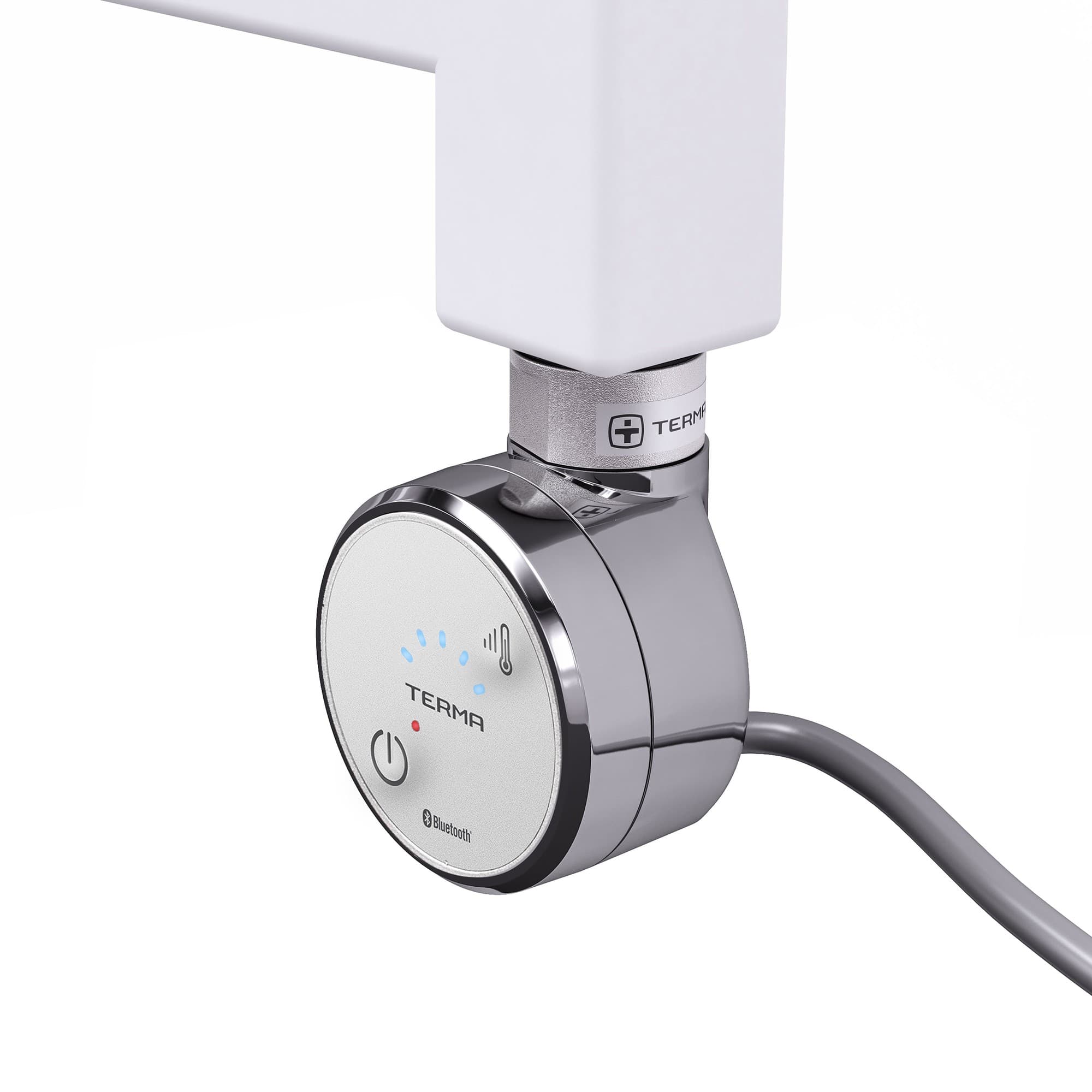 Chrome thermostat control with a sleek design, featuring a blue LED temperature display and Bluetooth connectivity, attached to a white heating element.