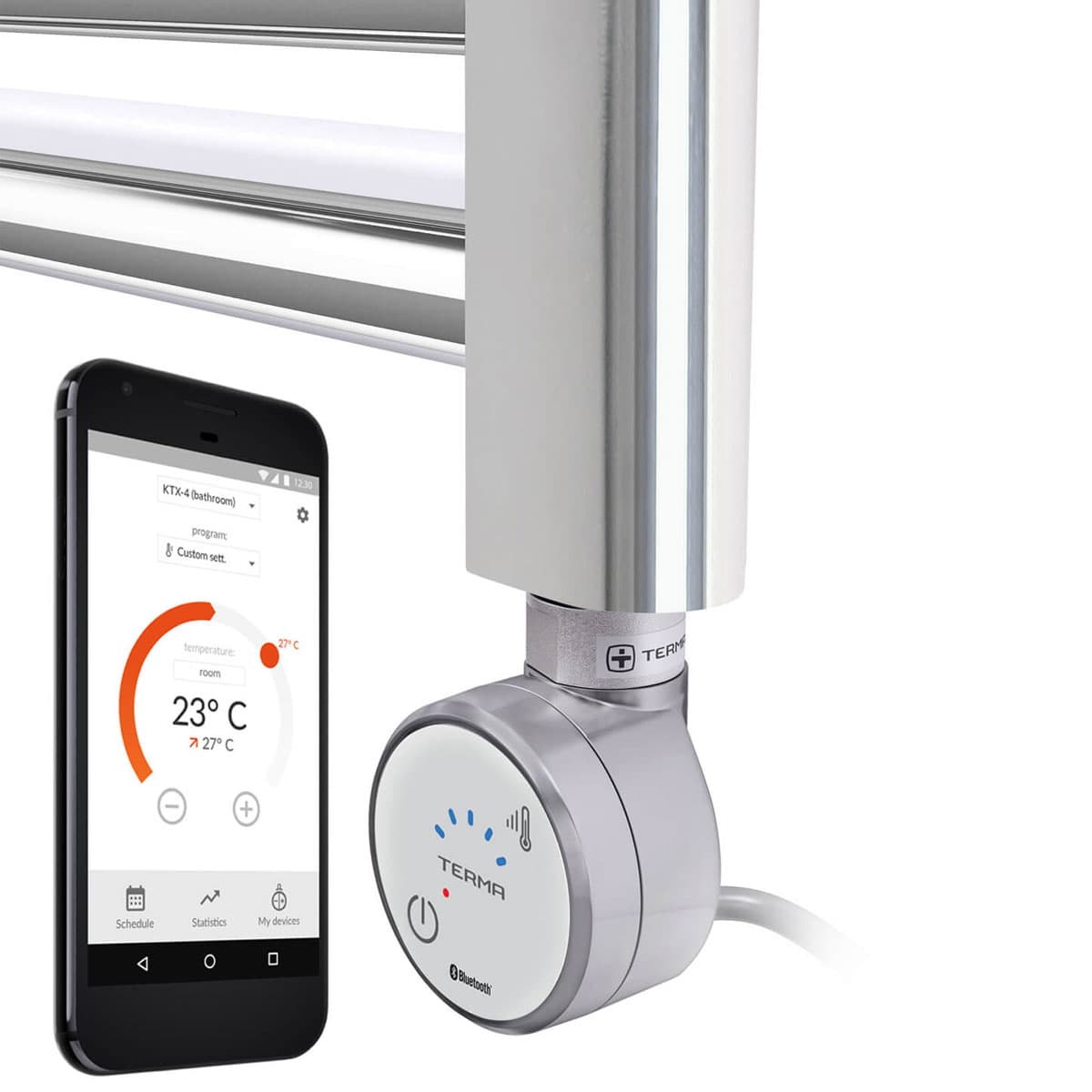 Silver thermostatic heating element with a sleek design, featuring a digital control panel and Bluetooth connectivity, alongside a smartphone displaying temperature settings.