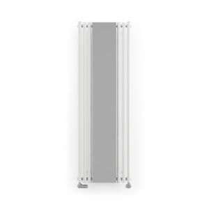 White RAL 9016 Terma Rolo-mirror radiator, 1800mm x 590mm, featuring eight tappings for side or underside valves and diverter barrels, with a sleek, modern design.