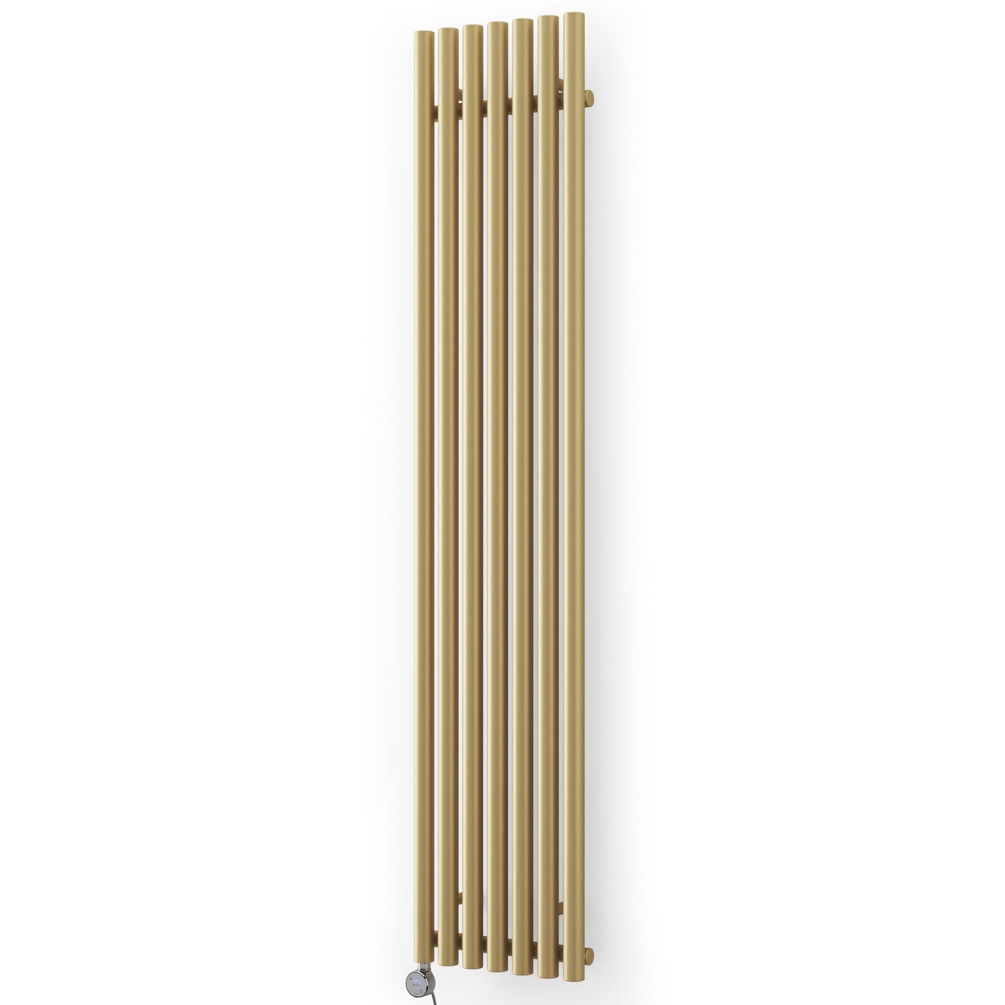 Vertical electric radiator in brass finish, featuring a sleek design with six vertical bars, measuring 1800 x 370mm, ideal for modern room heating.
