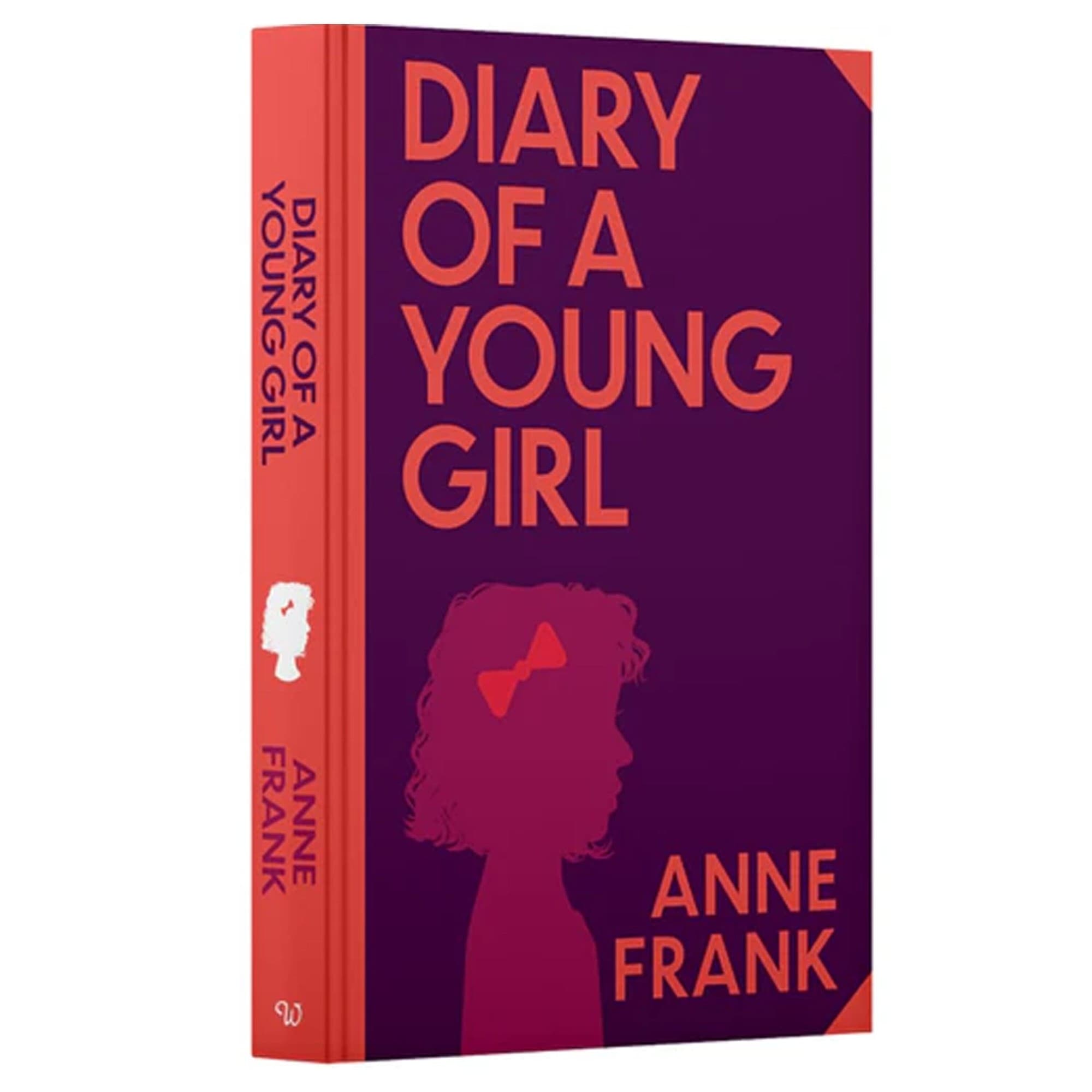 Premium hardback edition of "The Diary of a Young Girl" by Anne Frank, featuring a deep purple cover with bold orange text and a silhouette of a girl with a red bow.