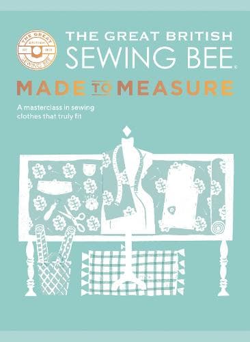 Cover features a light teal background with white illustrations of a dress form, sewing tools, and floral patterns, along with the title in bold lettering.