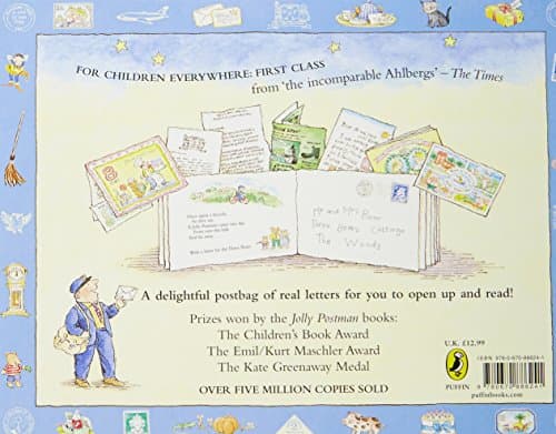 Back cover of "The Jolly Postman or Other People's Letters" featuring colorful illustrations, a postal worker, and various letter designs, with award mentions and playful graphics.