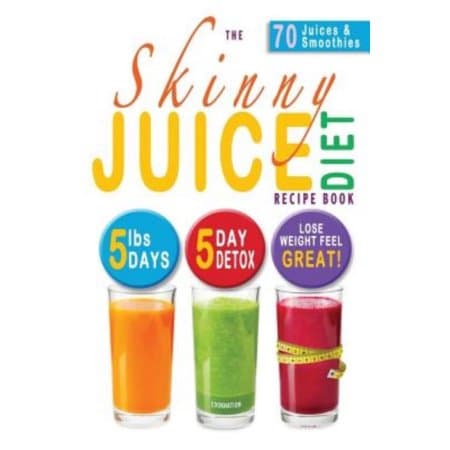 Three colorful juice glasses—orange, green, and red—displayed prominently on a white background, alongside the title "The Skinny Juice Diet Recipe Book" and key features highlighted.