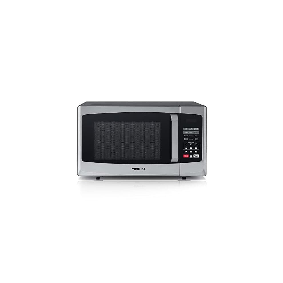 Toshiba 800W microwave oven in sleek silver with a black front, featuring a digital display, auto defrost, one-touch express cook, and six pre-programmed settings.