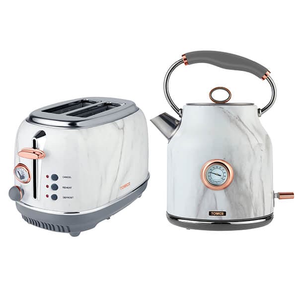 Marble-patterned kettle and 2-slice toaster set in silver and grey, featuring rose gold accents, a temperature gauge, and multiple settings on the toaster.