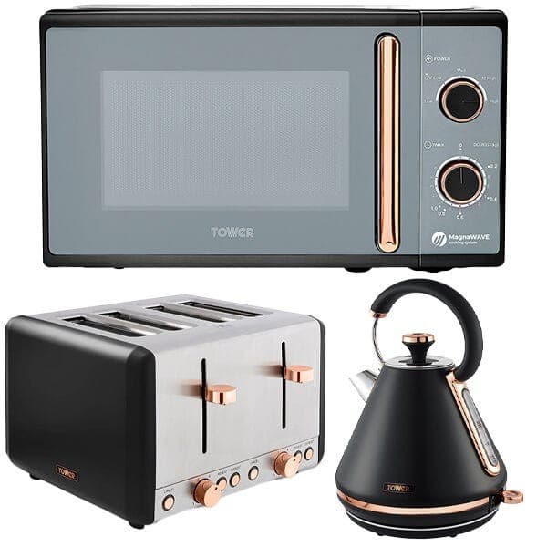Black pyramid kettle with copper accents, stainless steel 4-slice toaster, and sleek grey microwave with copper dials, all part of the Tower Cavaletto set.