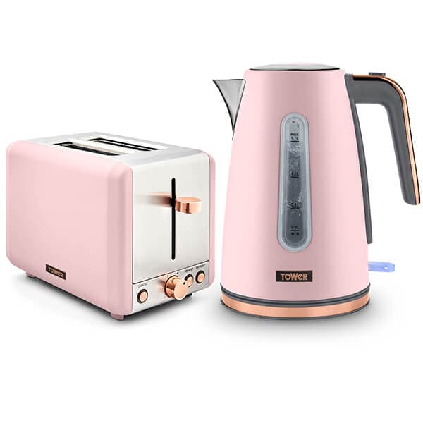 Pink jug kettle and two-slice toaster set by Tower, featuring a sleek stainless steel base, rose gold accents, and clear water level indicators on the kettle.