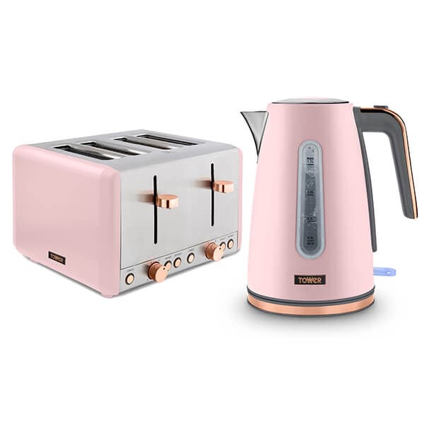 Pink kettle with a stainless steel base and transparent water gauge alongside a matching pink 4-slice toaster with chrome accents and control knobs.