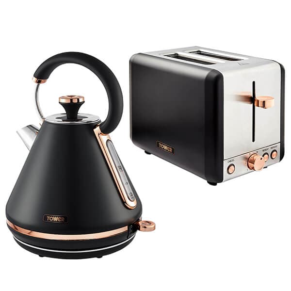 Black pyramid kettle with a copper accent and a stainless steel 2-slice toaster, featuring a sleek design and modern controls.