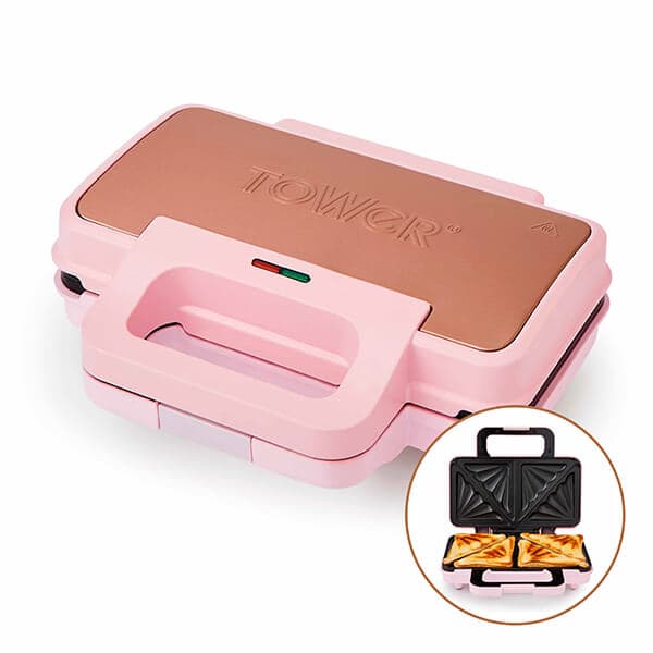 Pink Tower Cavaletto 900W Sandwich Maker with a copper top, featuring a handle, indicator lights, and a non-stick grill for making two sandwiches.