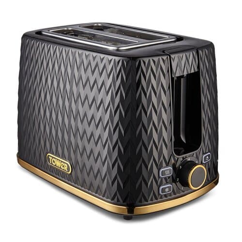 Black 2-slice toaster with a textured diamond pattern, gold accents, and control buttons for browning settings and a cancel function.