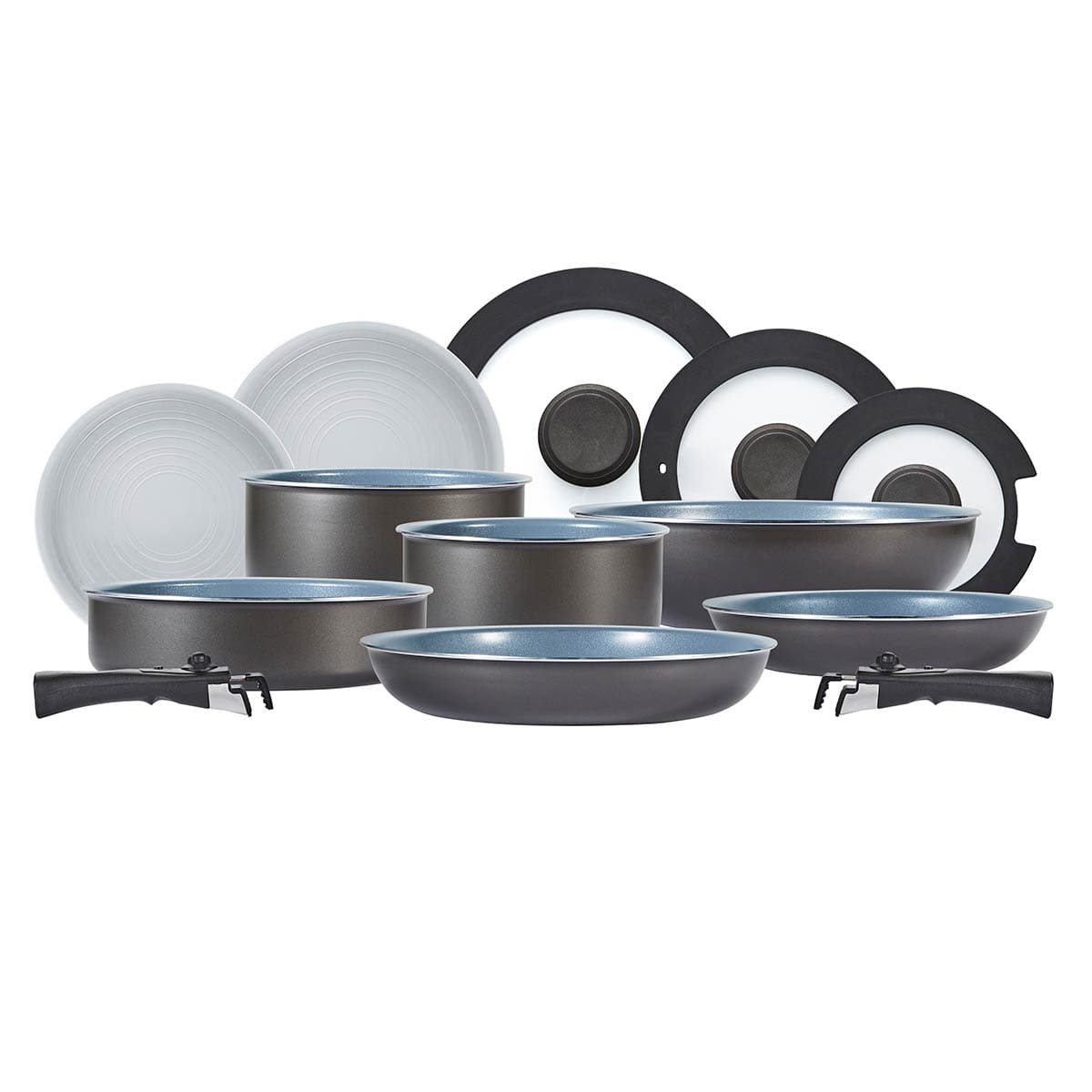 Tower Freedom 13-piece stackable cookware set in dark grey, featuring ceramic non-stick surfaces, includes various pots, pans, and lids with ergonomic handles.